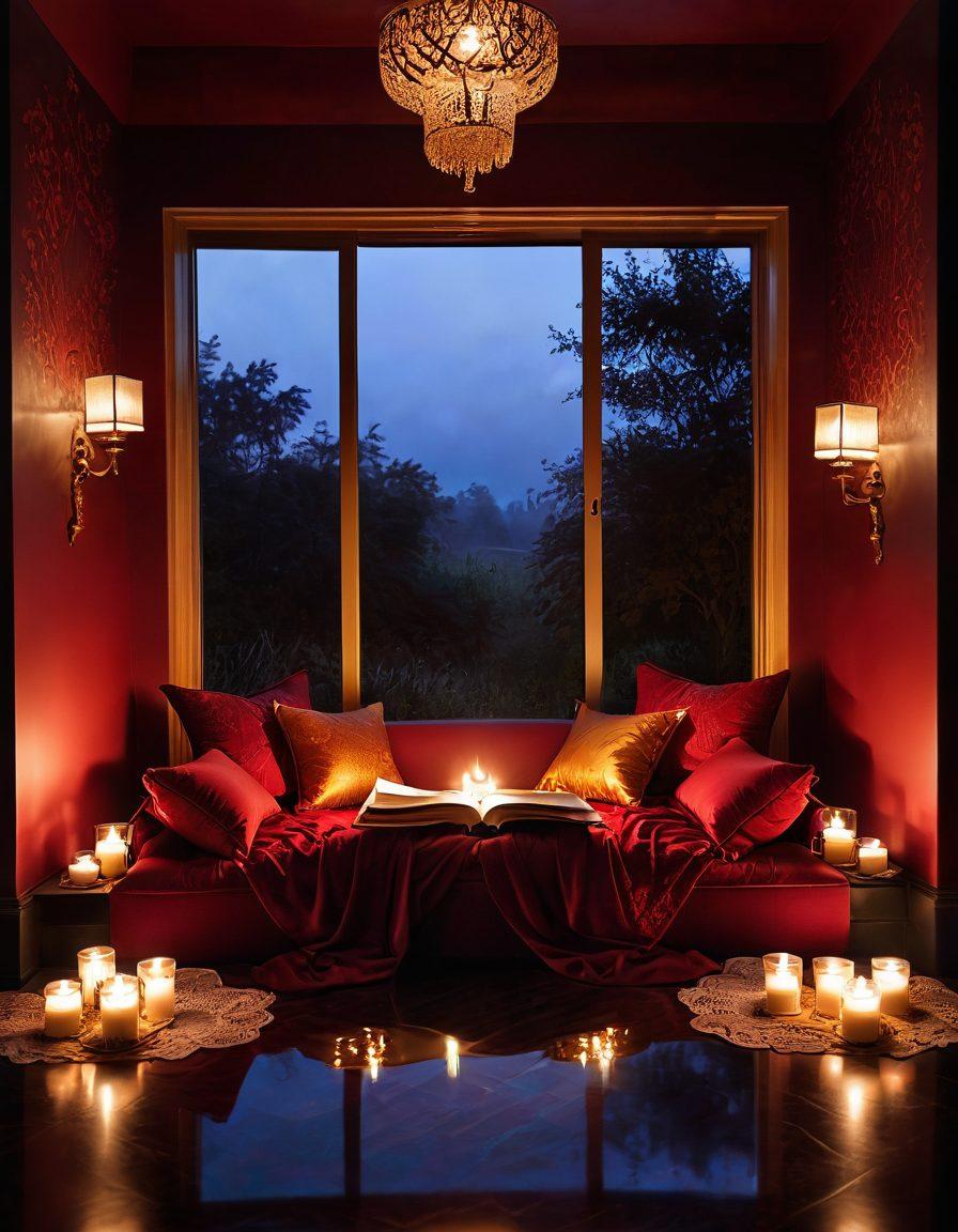A sultry scene featuring an intimate reading nook, adorned with plush cushions and soft candles casting a warm glow. A captivating book lying open, with swirling mist and ethereal illustrations of passionate encounters emerging from its pages. Silhouettes of couples intertwined in a sensual dance, all set against a rich, crimson background to evoke warmth and allure. Intricate patterns reminiscent of lace and silk intertwined throughout the scene. super-realistic. vibrant colors. intimate atmosphere.